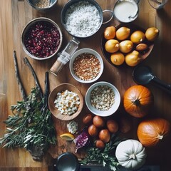 A table with a variety of food items including fruits, vegetables, and spices