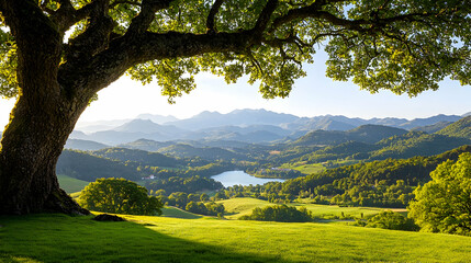 Naklejka premium Large oak tree frames a scenic view of rolling green hills, a winding river, and distant mountains under a bright sky.