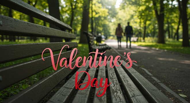 Park bench, wooden slats, sunlit path, trees, couple walking, blurred background, Valentine's Day text overlay, romantic atmosphere, dappled light, green foliage, urban nature, love concept, outdoor s