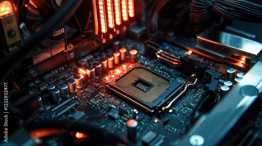 Poster close-up of a computer motherboard with illuminated components