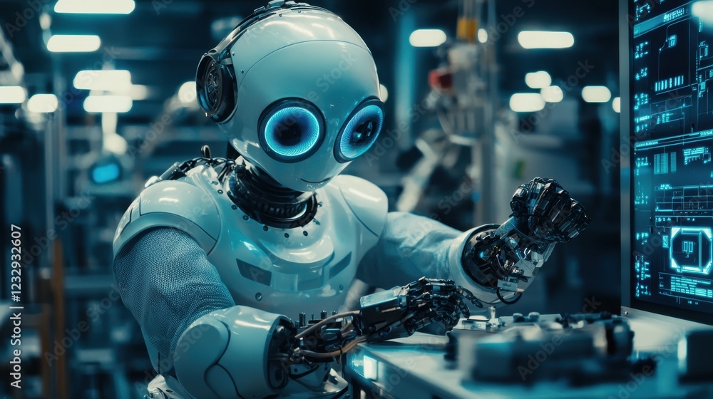 Poster friendly robot working in futuristic high-tech laboratory environment