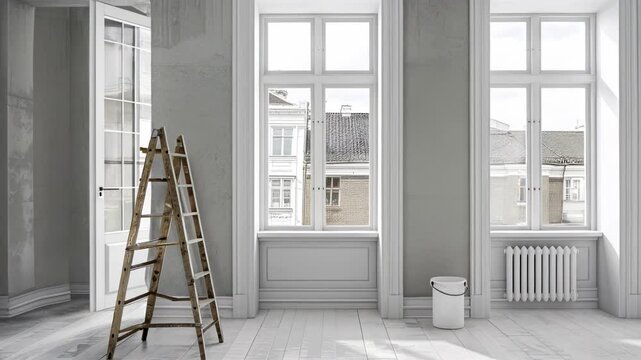 Incomplete room renovation with ladder, paint bucket, white walls in empty living space