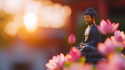 Obraz premium Buddha statue with pink lotus flowers on blurred background. Meditation and zen concept. Image for wellness and mindfulness content. Banner view with copy space.