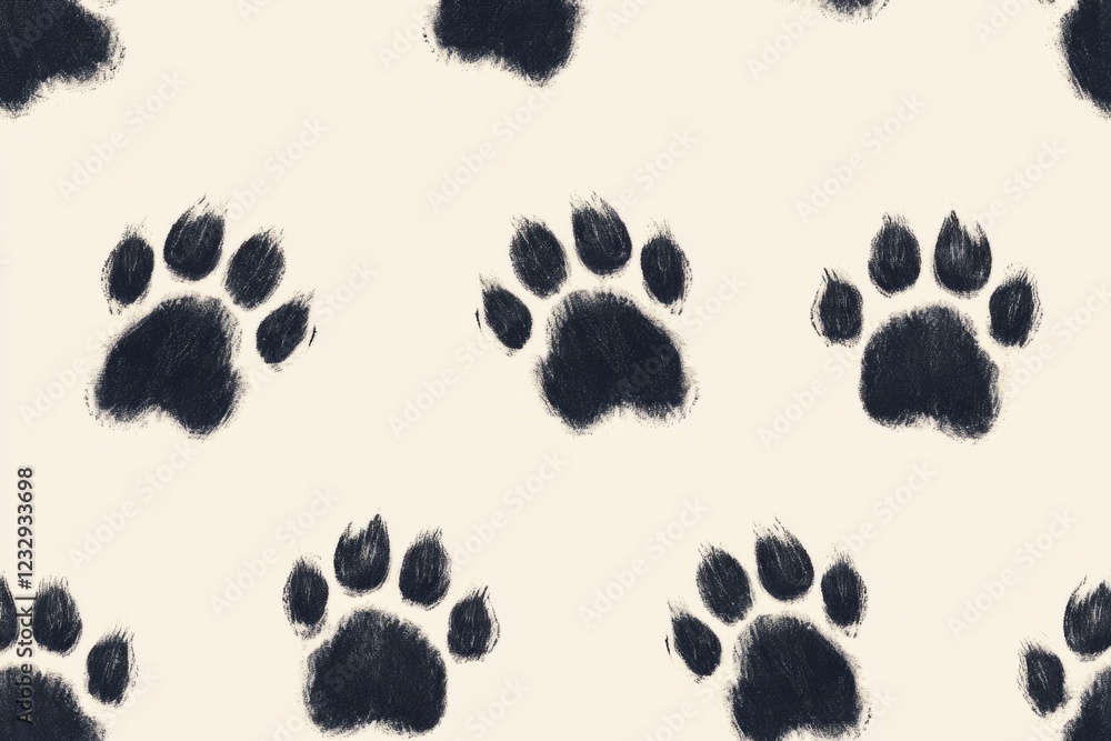 Poster seamless pattern featuring dark paw prints on a light background, creating a captivating design