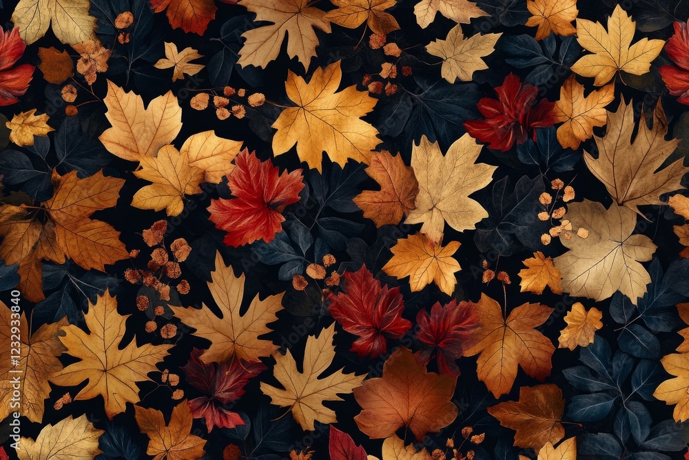 Poster seamless pattern featuring a vibrant array of colorful autumn leaves on a dark background, creating 