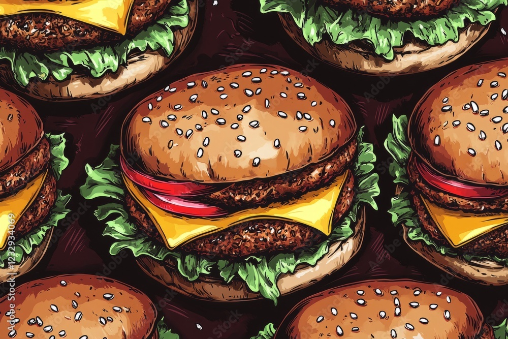 Poster hand-drawn cheeseburgers with sesame seed buns, melted cheese, lettuce, and tomato slices are arrang