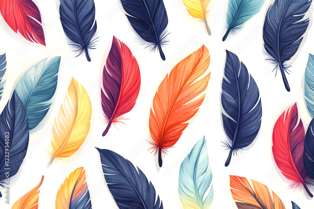 Poster colorful feathers falling and creating a beautiful seamless pattern on a white background
