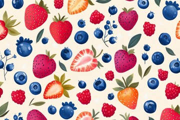 Colorful seamless pattern showcasing a variety of fresh, ripe berries, ideal for food-themed designs or summer projects