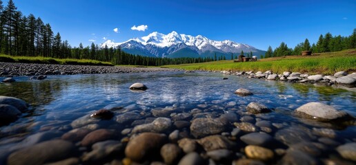Mountain river rocks summer scene, scenic background