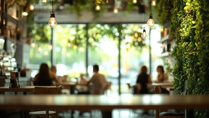 Cozy Cafe with Green Wall and Hanging Lights