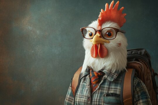 Funny conceptual image of a rooster ready for school, wearing a backpack, glasses, shirt and tie, promoting education, knowledge, and learning