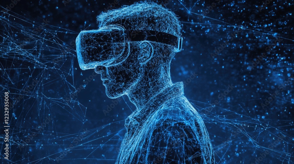 Poster man immersed in virtual reality digital network