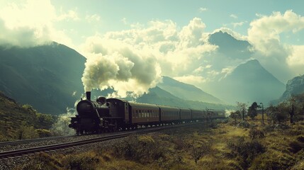 Fototapeta premium Vintage Steam Train Gliding Through Scenic Mountain Landscape