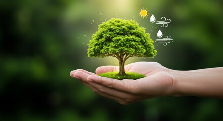 Sustainable environment concept featuring a tree in a hand with symbolic elements of the sun, water, and air representing ecosystem preservation and green energy growth