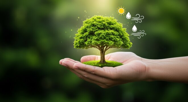 Sustainable environment concept featuring a tree in a hand with symbolic elements of the sun, water, and air representing ecosystem preservation and green energy growth