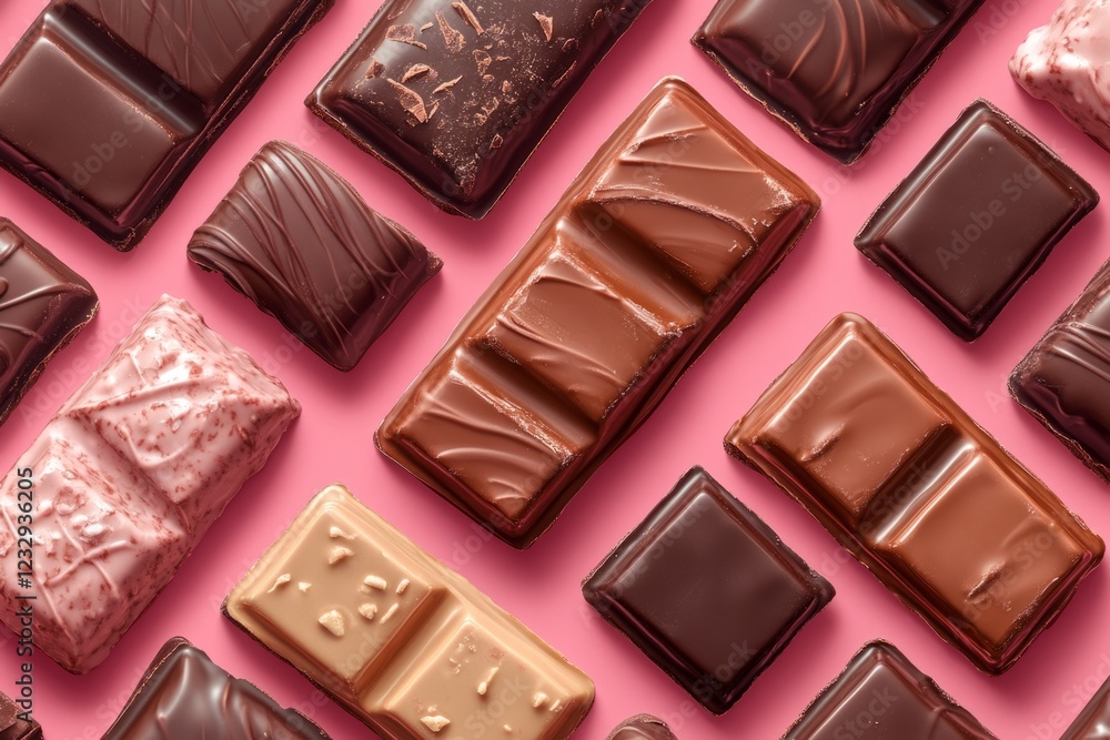Poster different chocolate bars are creating a repeating pattern on a pink background, showcasing a variety