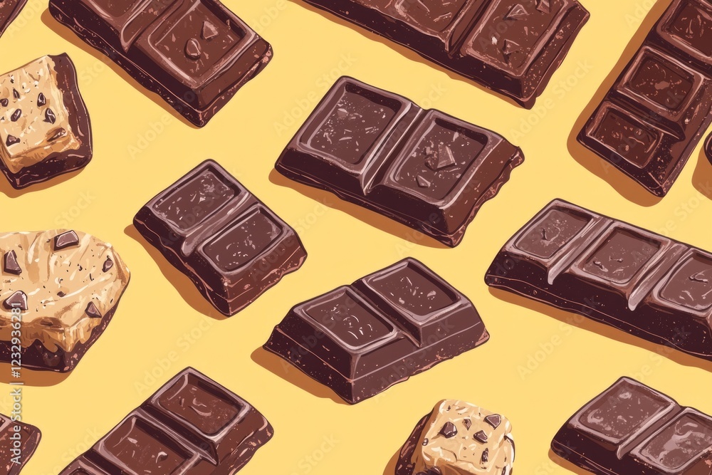 Poster chocolate bars and cookie dough lying on a yellow background creating a seamless pattern, ideal for 