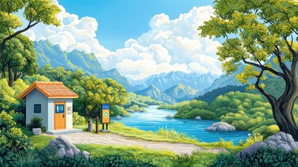 A serene illustration of a riverside cabin amidst lush mountains, inviting exploration