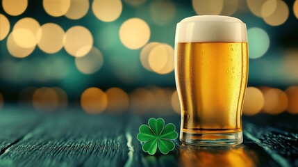 Pint of cold beer and shamrock on festive background, with copy space 