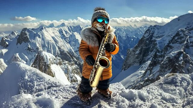 Anthropomorphic Cat Playing Saxophone on Snowy Mountain Peak in Winter Scene Combining Whimsy and Surreal Adventure