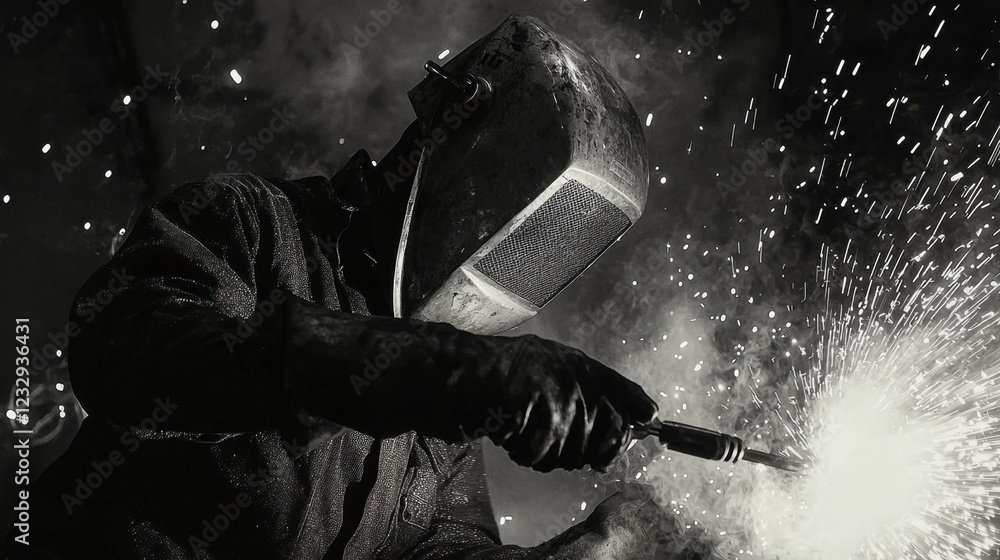 Aufkleber welder in protective gear creating spark with welding torch