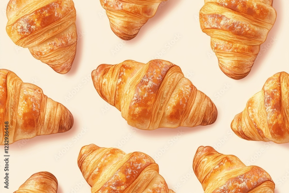 Poster freshly baked croissants arranged on a light colored surface, creating an appetizing pattern