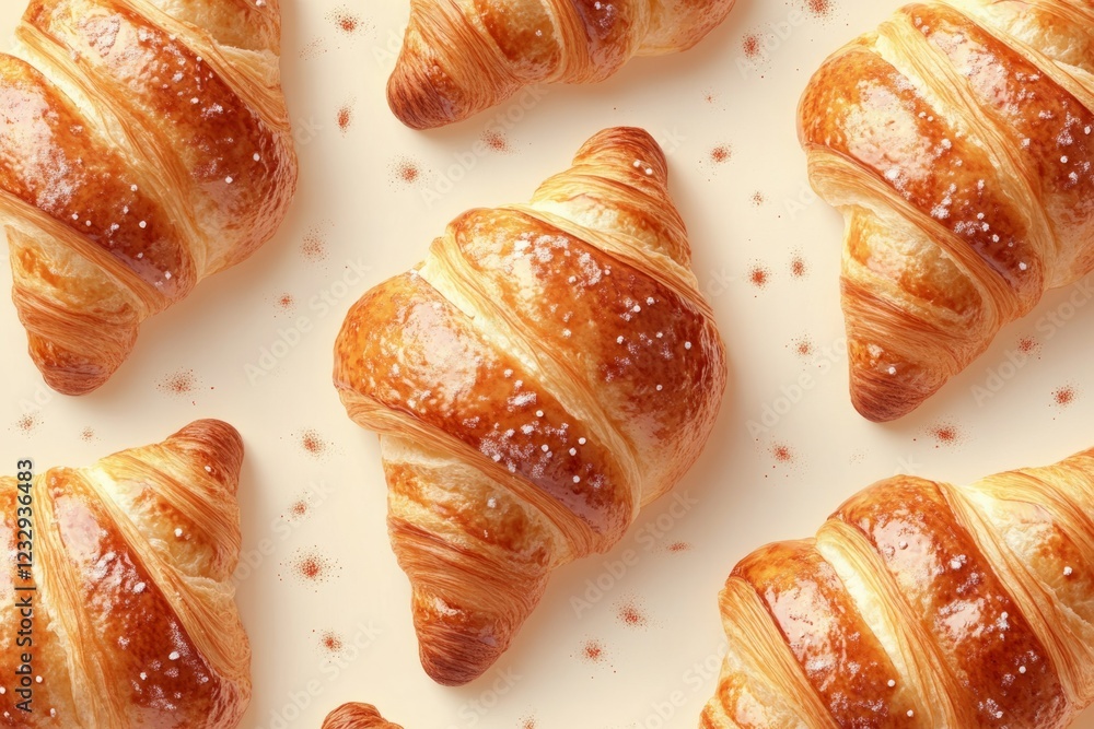 Poster freshly baked croissants arranged on a light orange background creating a visually appealing pattern