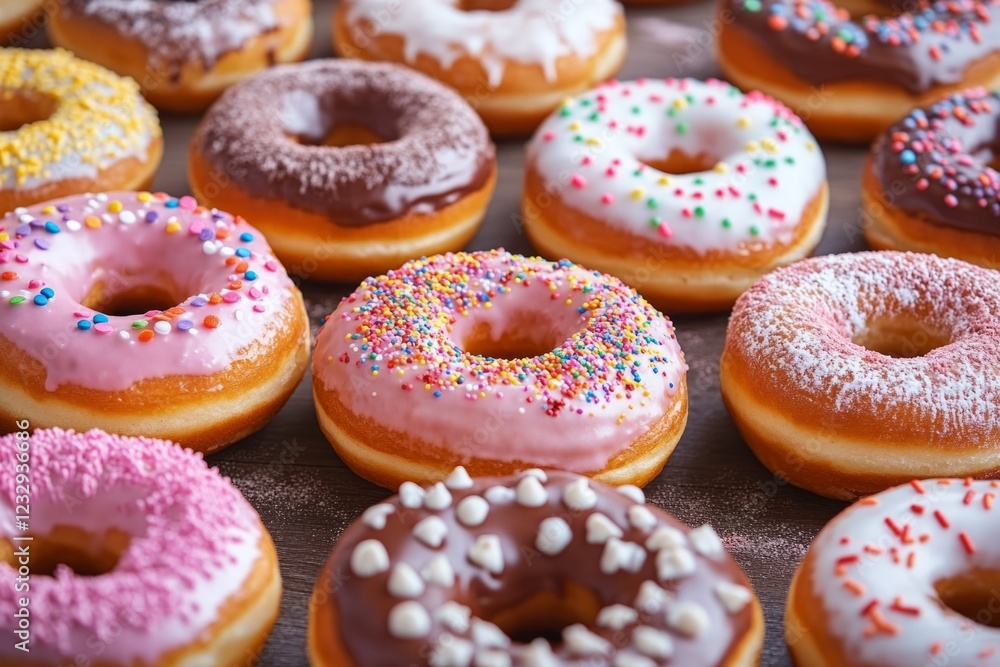 Poster colorful donuts with various toppings creating a tempting and delicious display on a wooden surface