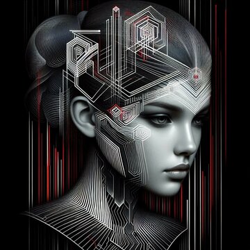 High-tech girl. Concept of AI of the future, wearable AI devices. Cybernetic of the future.