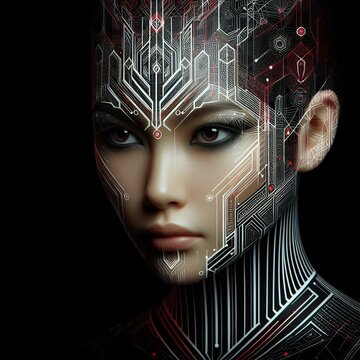 High-tech girl. Concept of AI of the future, wearable AI devices. Cybernetic of the future.