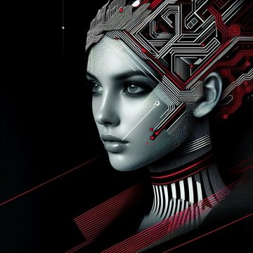 High-tech girl. Concept of AI of the future, wearable AI devices. Cybernetic of the future.
