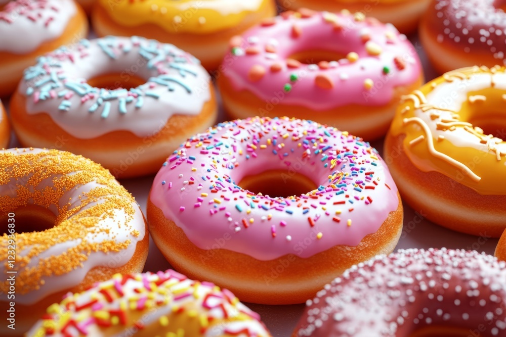 Poster colorful donuts with various toppings create a visually appealing arrangement, showcasing different 