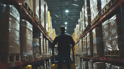 Fototapeta premium Warehouse Worker Operating Forklift Among Stacked Boxes and Pallets