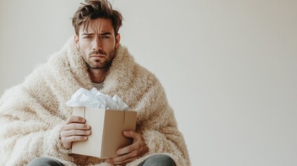 A man wrapped in a blanket, holding a tissue box, looking sick and tired, conveying a cold or flu, white background