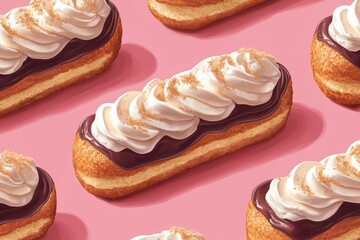 Pattern of sweet pastries with chocolate and whipped cream topping lying on a pink surface, creating a tempting dessert scene