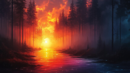 Fototapeta premium Mystical forest path reflecting golden sunset on water surface, surrounded by tall pine trees creating magical atmosphere. Fantasy nature landscape concept