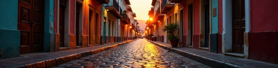 Obraz premium Quiet Cartagena street at dawn, dew on cobblestones, calm, quiet