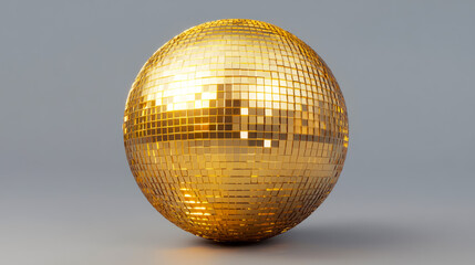 Obraz premium Golden disco ball reflecting light in a professional studio setting with a sleek grey backdrop, evoking a sense of retro glamour and vibrant energy