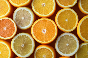 Fototapeta premium Freshly cut oranges and lemons arranged in a colorful and healthy pattern, ideal for food and beverage, vitamin c, or healthy eating themes