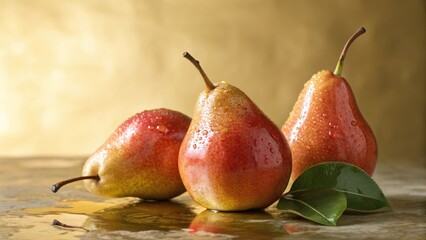 Fresh pears with droplets on a golden background