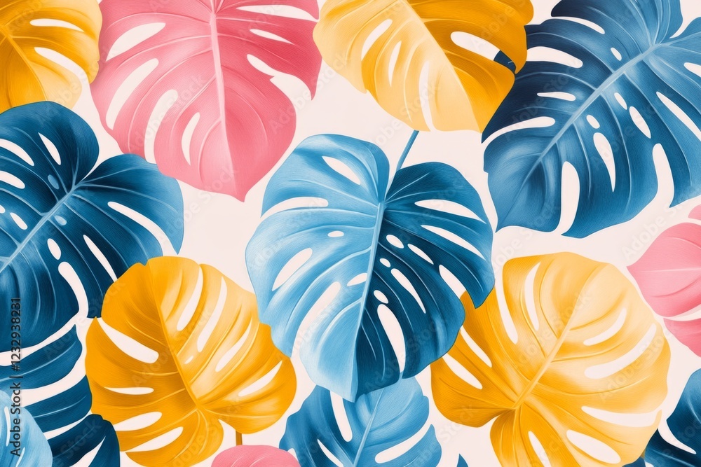 Aufkleber seamless pattern with overlapping colorful monstera leaves creating a vibrant and tropical design