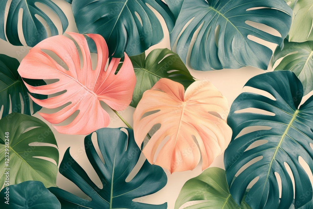 Poster seamless pattern with overlapping colorful monstera leaves creating a vibrant and tropical design