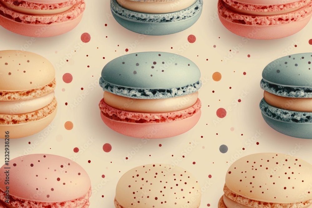 Poster delicious macarons floating on a pastel background with colorful polka dots, creating a sweet and de