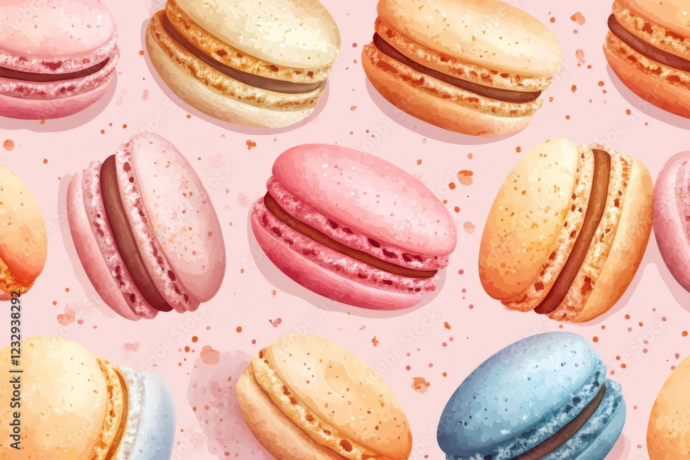 Poster delicious macarons floating on a pastel background with colorful polka dots, creating a sweet and de