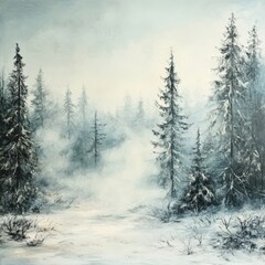 A painting of a snowy forest with trees and a foggy sky