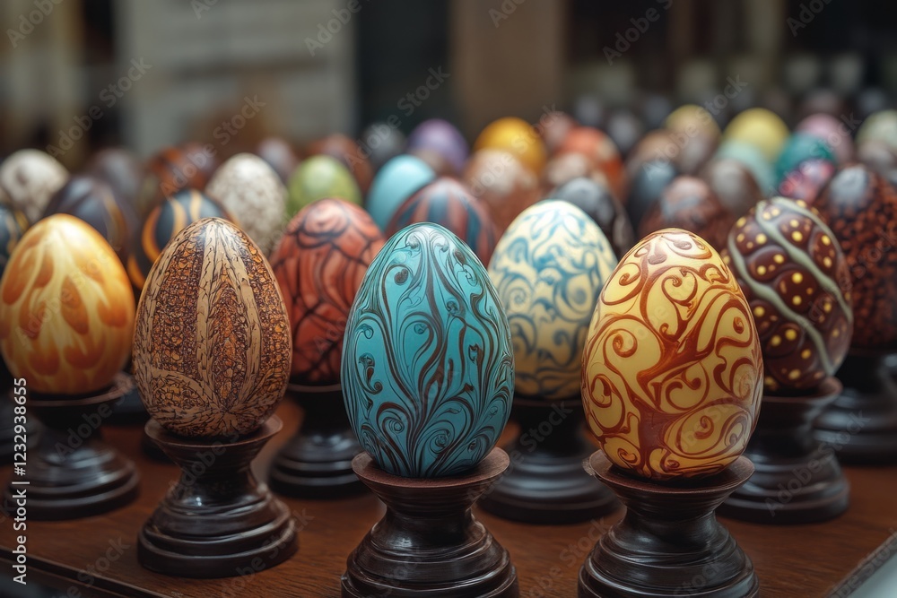 Aufkleber colorful easter eggs with intricate swirls and patterns displayed on individual wooden stands, creat