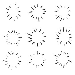 Doodle hand drawn radial sparkles confetti celebration bursts for emphasis. Isolated decoration.