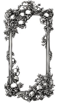 An ornate skull frame displaying gothic floral vines climbing the edges with ominous tone