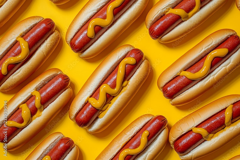 Poster delicious hot dogs with mustard are arranged neatly on a vibrant yellow background, creating a visua