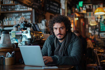 Obraz premium Young man using laptop while sitting in cafe, working remotely